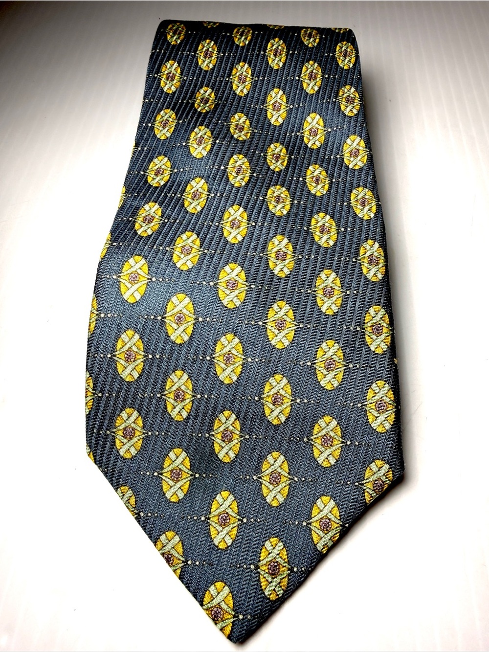 Valentino Classic Men's Navy Blue Tie with Yellow Medallion Pattern